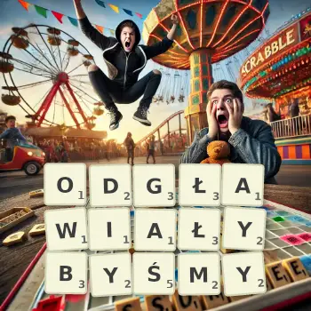 Kreatywna ilustracja do gry w Scrabble ze słowem ODGŁAWIAŁYBYŚMY ułożonym z płytek na planszy.