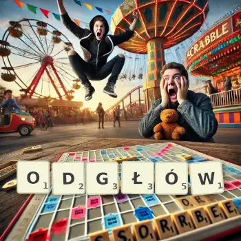 Kreatywna ilustracja do gry w Scrabble ze słowem ODGŁÓW ułożonym z płytek na planszy.