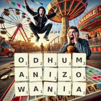 Kreatywna ilustracja do gry w Scrabble ze słowem ODHUMANIZOWANIA ułożonym z płytek na planszy.