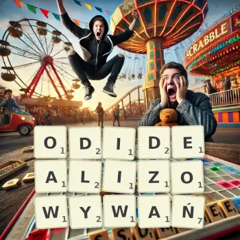 Kreatywna ilustracja do gry w Scrabble ze słowem ODIDEALIZOWYWAŃ ułożonym z płytek na planszy.