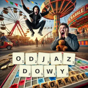 Kreatywna ilustracja do gry w Scrabble ze słowem ODJAZDOWY ułożonym z płytek na planszy.