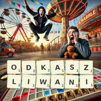 Kreatywna ilustracja do gry w Scrabble ze słowem ODKASZLIWANI ułożonym z płytek na planszy.