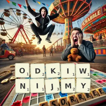 Kreatywna ilustracja do gry w Scrabble ze słowem ODKIWNIJMY ułożonym z płytek na planszy.