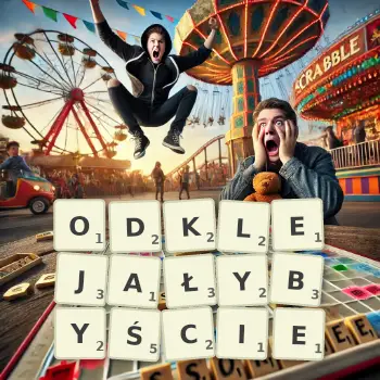 Kreatywna ilustracja do gry w Scrabble ze słowem ODKLEJAŁYBYŚCIE ułożonym z płytek na planszy.
