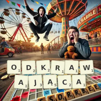 Kreatywna ilustracja do gry w Scrabble ze słowem ODKRAWAJĄCA ułożonym z płytek na planszy.