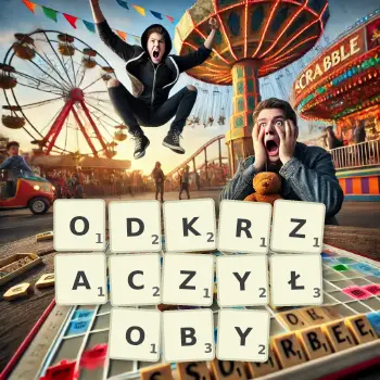 Kreatywna ilustracja do gry w Scrabble ze słowem ODKRZACZYŁOBY ułożonym z płytek na planszy.