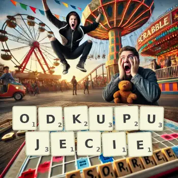 Kreatywna ilustracja do gry w Scrabble ze słowem ODKUPUJECIE ułożonym z płytek na planszy.