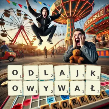 Kreatywna ilustracja do gry w Scrabble ze słowem ODLAJKOWYWAŁ ułożonym z płytek na planszy.