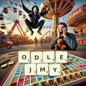 Kreatywna ilustracja do gry w Scrabble ze słowem ODLEJMY ułożonym z płytek na planszy.