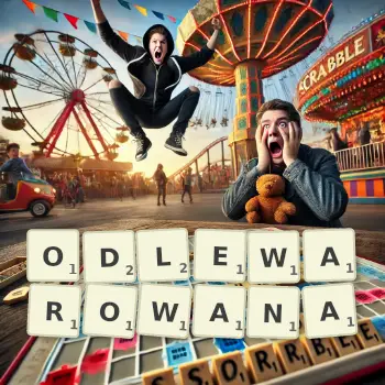 Kreatywna ilustracja do gry w Scrabble ze słowem ODLEWAROWANA ułożonym z płytek na planszy.