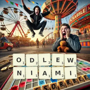 Kreatywna ilustracja do gry w Scrabble ze słowem ODLEWNIAMI ułożonym z płytek na planszy.