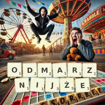 Kreatywna ilustracja do gry w Scrabble ze słowem ODMARZNIJŻE ułożonym z płytek na planszy.