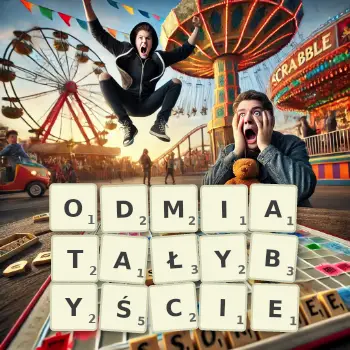 Kreatywna ilustracja do gry w Scrabble ze słowem ODMIATAŁYBYŚCIE ułożonym z płytek na planszy.