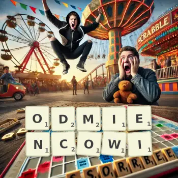 Kreatywna ilustracja do gry w Scrabble ze słowem ODMIENCOWI ułożonym z płytek na planszy.