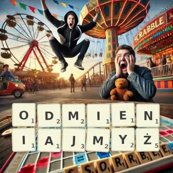 Kreatywna ilustracja do gry w Scrabble ze słowem ODMIENIAJMYŻ ułożonym z płytek na planszy.