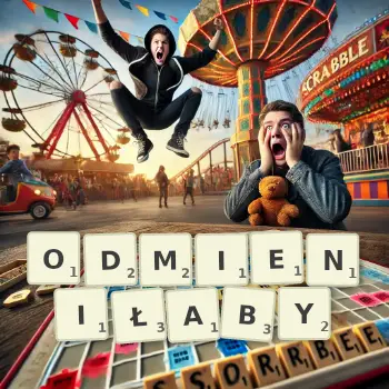 Kreatywna ilustracja do gry w Scrabble ze słowem ODMIENIŁABY ułożonym z płytek na planszy.