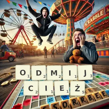 Kreatywna ilustracja do gry w Scrabble ze słowem ODMIJCIEŻ ułożonym z płytek na planszy.