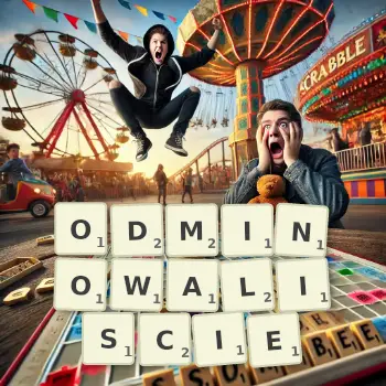 Kreatywna ilustracja do gry w Scrabble ze słowem ODMINOWALISCIE ułożonym z płytek na planszy.