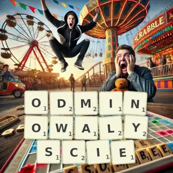 Kreatywna ilustracja do gry w Scrabble ze słowem ODMINOWALYSCIE ułożonym z płytek na planszy.