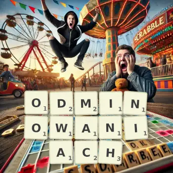 Kreatywna ilustracja do gry w Scrabble ze słowem ODMINOWANIACH ułożonym z płytek na planszy.