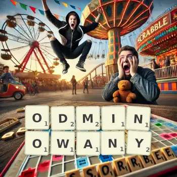 Kreatywna ilustracja do gry w Scrabble ze słowem ODMINOWANY ułożonym z płytek na planszy.