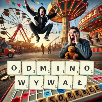 Kreatywna ilustracja do gry w Scrabble ze słowem ODMINOWYWAŁ ułożonym z płytek na planszy.