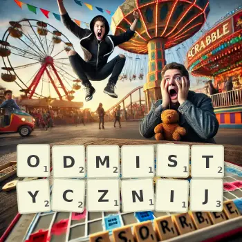 Kreatywna ilustracja do gry w Scrabble ze słowem ODMISTYCZNIJ ułożonym z płytek na planszy.