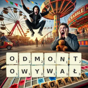 Kreatywna ilustracja do gry w Scrabble ze słowem ODMONTOWYWAŁ ułożonym z płytek na planszy.