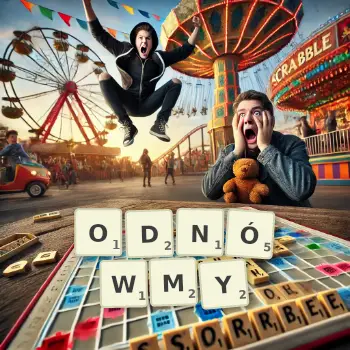 Kreatywna ilustracja do gry w Scrabble ze słowem ODNÓWMY ułożonym z płytek na planszy.