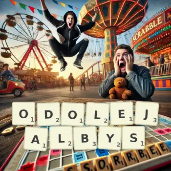 Kreatywna ilustracja do gry w Scrabble ze słowem ODOLEJALBYS ułożonym z płytek na planszy.
