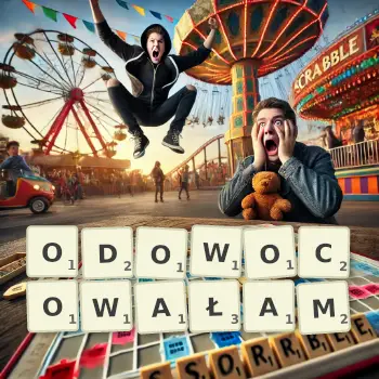 Kreatywna ilustracja do gry w Scrabble ze słowem ODOWOCOWAŁAM ułożonym z płytek na planszy.