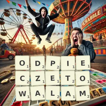 Kreatywna ilustracja do gry w Scrabble ze słowem ODPIECZETOWALAM ułożonym z płytek na planszy.