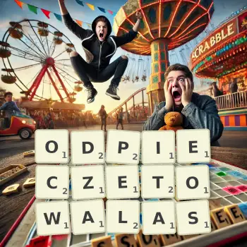Kreatywna ilustracja do gry w Scrabble ze słowem ODPIECZETOWALAS ułożonym z płytek na planszy.