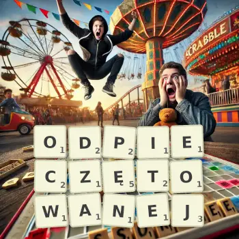 Kreatywna ilustracja do gry w Scrabble ze słowem ODPIECZĘTOWANEJ ułożonym z płytek na planszy.