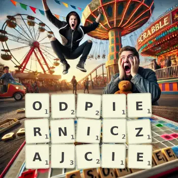 Kreatywna ilustracja do gry w Scrabble ze słowem ODPIERNICZAJCIE ułożonym z płytek na planszy.