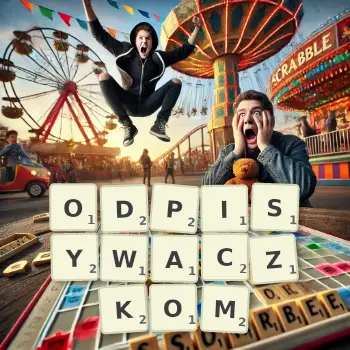 Kreatywna ilustracja do gry w Scrabble ze słowem ODPISYWACZKOM ułożonym z płytek na planszy.