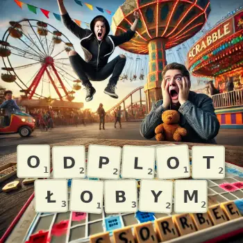 Kreatywna ilustracja do gry w Scrabble ze słowem ODPLOTŁOBYM ułożonym z płytek na planszy.