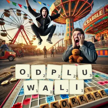 Kreatywna ilustracja do gry w Scrabble ze słowem ODPLUWALI ułożonym z płytek na planszy.