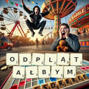 Kreatywna ilustracja do gry w Scrabble ze słowem ODPLĄTAŁBYM ułożonym z płytek na planszy.