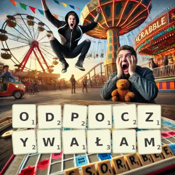 Kreatywna ilustracja do gry w Scrabble ze słowem ODPOCZYWAŁAM ułożonym z płytek na planszy.