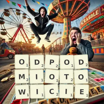 Kreatywna ilustracja do gry w Scrabble ze słowem ODPODMIOTOWICIE ułożonym z płytek na planszy.