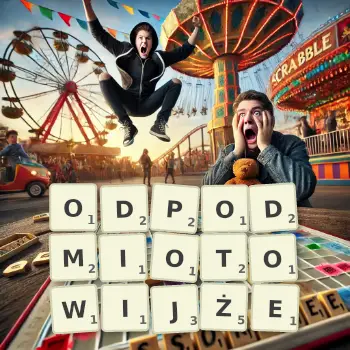 Kreatywna ilustracja do gry w Scrabble ze słowem ODPODMIOTOWIJŻE ułożonym z płytek na planszy.