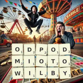Kreatywna ilustracja do gry w Scrabble ze słowem ODPODMIOTOWILBY ułożonym z płytek na planszy.