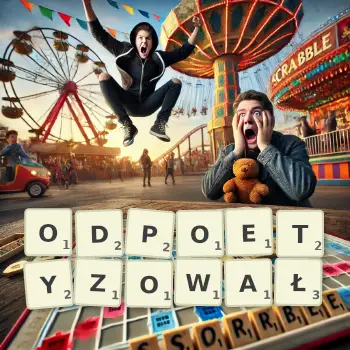 Kreatywna ilustracja do gry w Scrabble ze słowem ODPOETYZOWAŁ ułożonym z płytek na planszy.