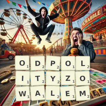 Kreatywna ilustracja do gry w Scrabble ze słowem ODPOLITYZOWALEM ułożonym z płytek na planszy.