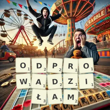 Kreatywna ilustracja do gry w Scrabble ze słowem ODPROWADZIŁAM ułożonym z płytek na planszy.