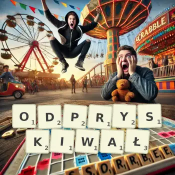 Kreatywna ilustracja do gry w Scrabble ze słowem ODPRYSKIWAŁ ułożonym z płytek na planszy.
