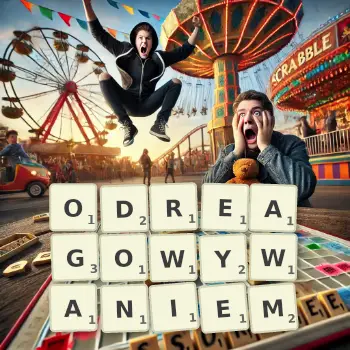 Kreatywna ilustracja do gry w Scrabble ze słowem ODREAGOWYWANIEM ułożonym z płytek na planszy.