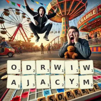 Kreatywna ilustracja do gry w Scrabble ze słowem ODRWIWAJACYM ułożonym z płytek na planszy.