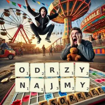 Kreatywna ilustracja do gry w Scrabble ze słowem ODRZYNAJMY ułożonym z płytek na planszy.